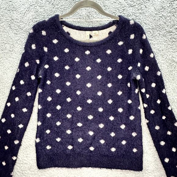 Moth by Anthropologie Small Wool Blend Blue Cream Polka Dot Sweater Comfort EUC - Picture 2 of 10
